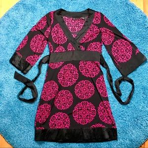 INC Kimono Dress 100% Silk Trim Magenta Black